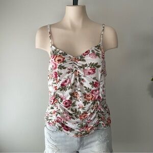 Ambiance Floral Ruched Cami Tank Top Spaghetti Strap Romantic Pink Peach Plus